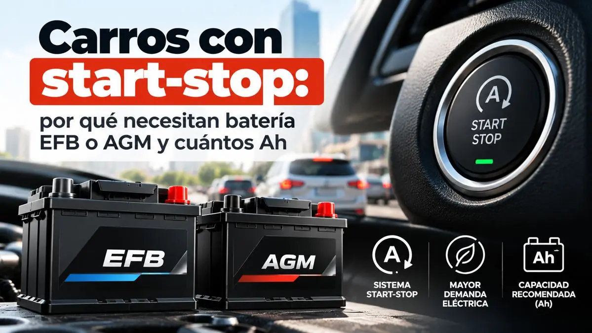 Baterías EFB y AGM junto al botón start-stop de un carro, con íconos de sistema start-stop, demanda eléctrica y capacidad en Ah