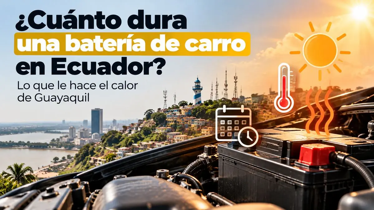 Batería de carro bajo el sol de Guayaquil con el cerro Santa Ana al fondo, un termómetro y un calendario