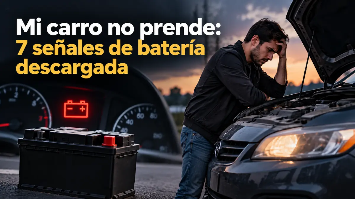 Conductor revisando el motor de su carro que no prende, con el testigo de batería encendido en el tablero y una batería en el piso